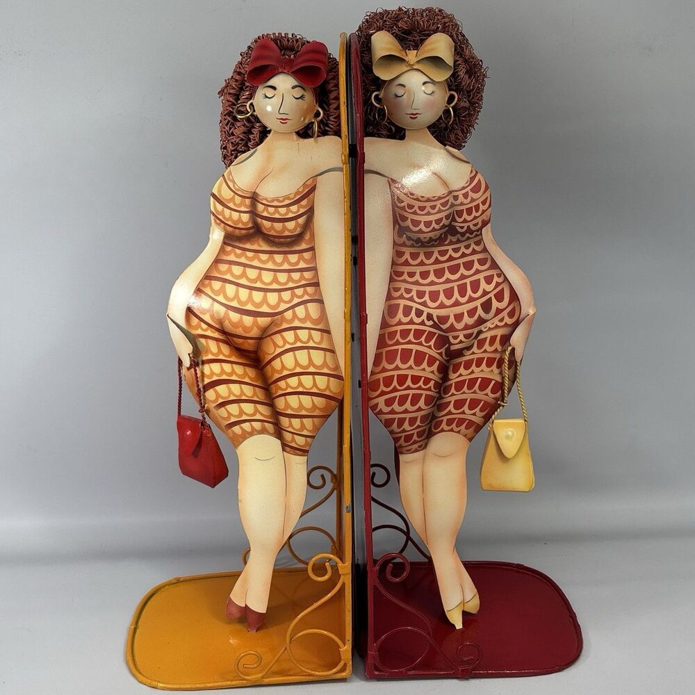 RARE Vtg Curvy Voluptuous Bathing Beauty Bookends Pair Big Hair Ladies 3D Metal
